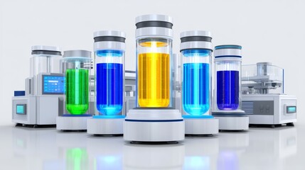 Futuristic Chemical Laboratory with Glowing Containers of Vivid Liquids in a Sleek Environment