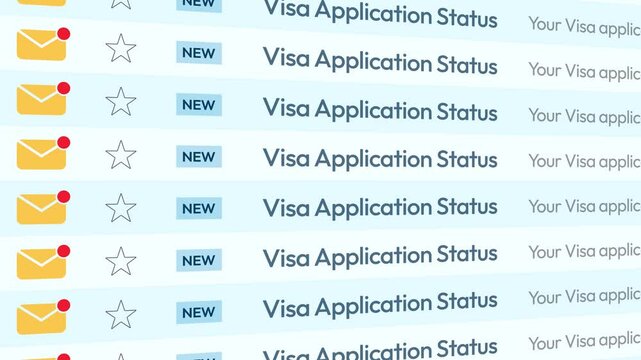 Visa Application Status email list scrolling 4k animation, traveling, visa, abroad