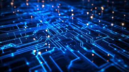 Obraz premium High-tech digital circuit design in blue tones, with interconnected lines and nodes creating a complex network pattern on a dark background