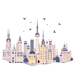 Cityscape Silhouette: An artistic skyline composed of buildings, tower, and decorative elements, under a sky with animated bird. A tranquil and inspiring image.