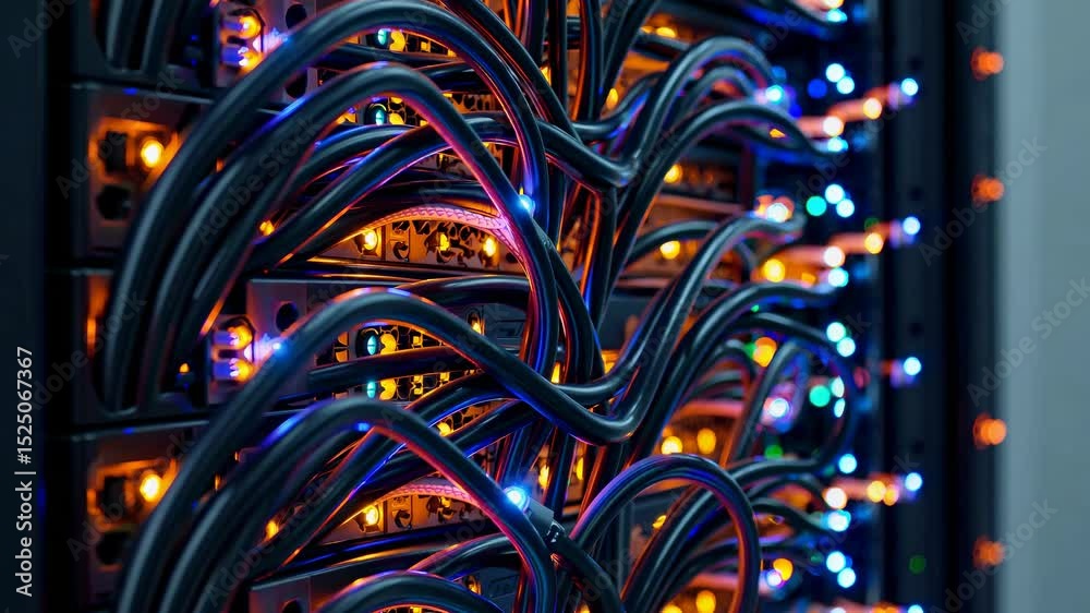 Aufkleber Exploring the intricate design of a modern data center with colorful cable setups illuminated by soft lighting