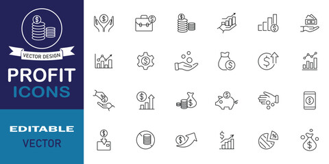Profit icon set. Included icons as savings, money, finance, growth, investment, cash, income and more outline symbol collection. Set of 24 line icons related to profit. Editable vector illustration.