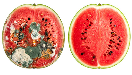 spoiled and fresh watermelon fruit cut in half with visible mold and decay on isolated background for food safety and hygiene education
