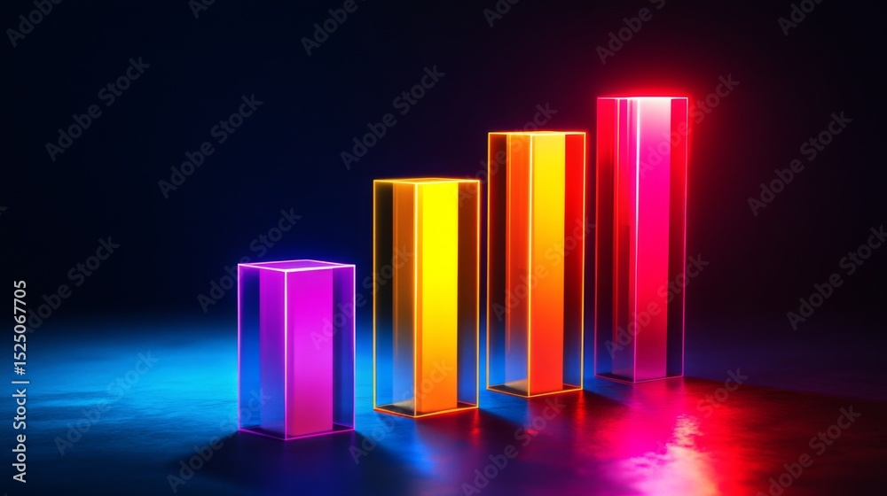 Poster modern d bar chart with neon-colored bars and gradient lighting, set against a dark background for a