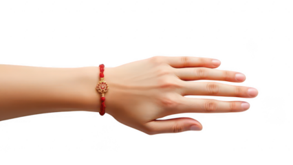 Red Bracelet Adornment: A wrist elegantly displays a vibrant red bracelet. The focal point is the intricate design of the accessory, adding a touch of artistic flair and captivating visual appeal.