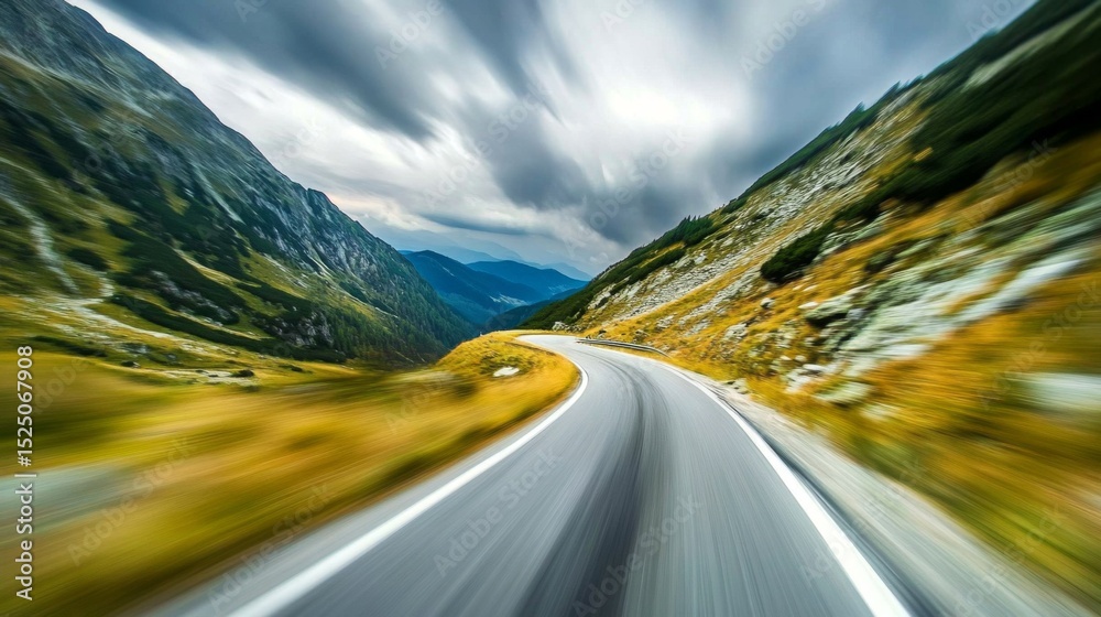 Poster Motion blur effect on a curving mountain road with sharp turns, creating the feeling of speed and thrilling movement
