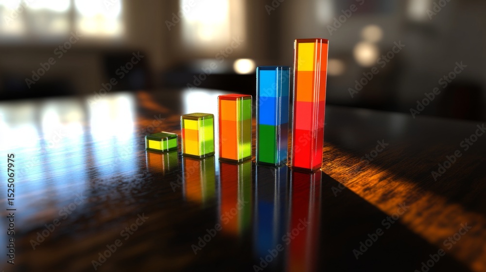 Poster Multi-colored D bar graph on a glossy surface, with each bar casting distinct shadows, giving a sharp, vibrant appearance