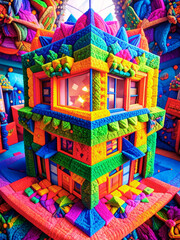 Colorful wooden houses in an Asian market offer festive decorations and unique gifts, reflecting the vibrant culture and religious art of the holiday season