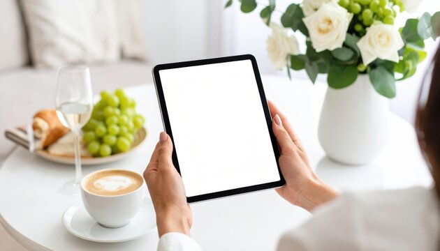 Woman Holding Tablet In Modern Interior Cafe