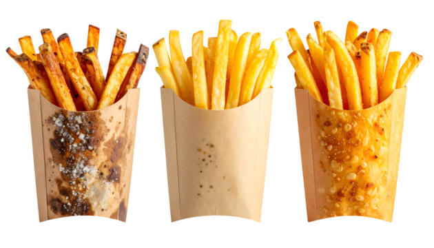 comparison of spoiled normal and moldy french fries in paper container on isolated background for food safety education and visual awareness
