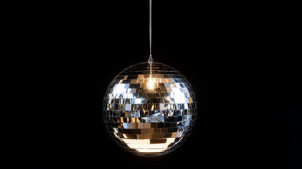 A shimmering silver disco ball hangs from a thin string against a dark background