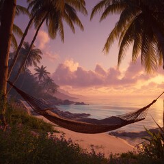 Relaxing Hammock on Tropical Beach at Sunset