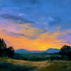 Serene Blue and Orange Sunset Landscape with Hills