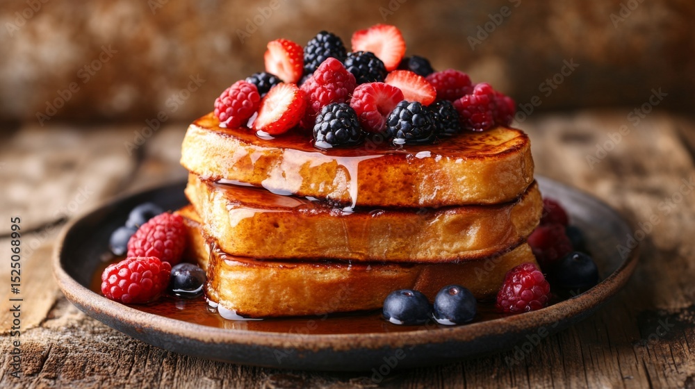 Poster stack of buttery french toast drizzled with syrup and topped with fresh berries, creating a deliciou