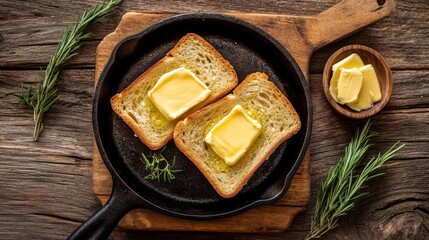 Slices of bread with melted butter in a cast-iron pan, creating a warm, cozy feel of toasted bread on a rustic wooden table