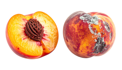 fresh and moldy peach comparison side by side showing fruit spoilage and decay from fungal infection isolated on white background
