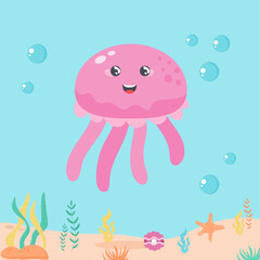 Cute jellyfish swims in the sea underwater. 