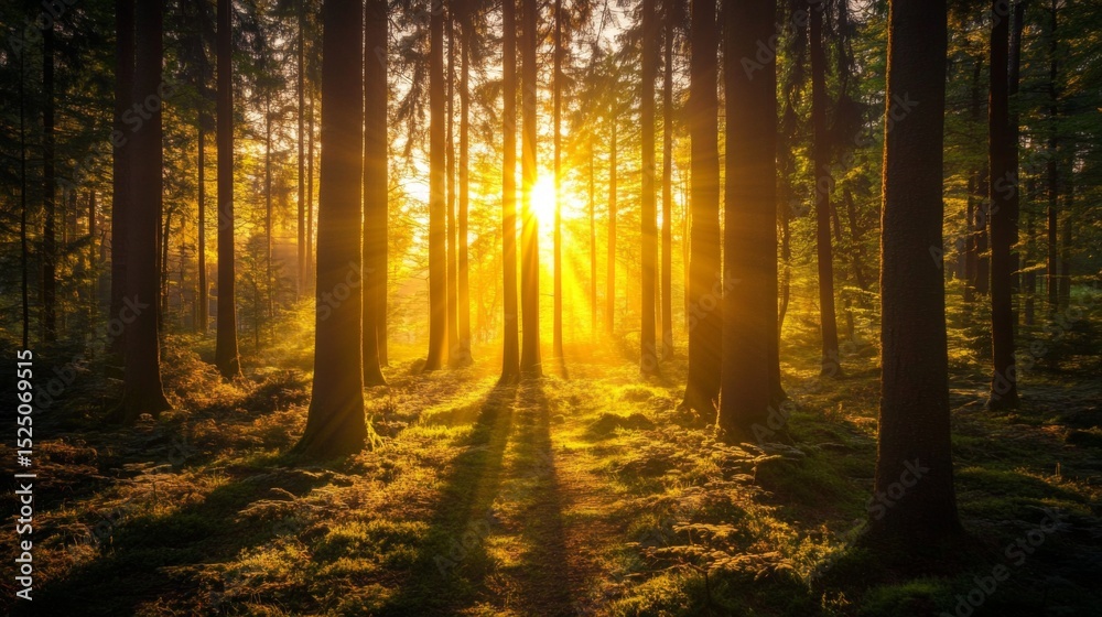 Poster Sunset view with warm, golden sunlight streaming through a forest, illuminating the trees and creating a beautiful contrast