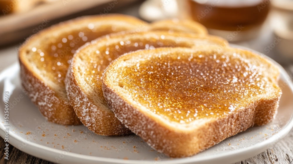 Poster thick slices of toast with a caramelized sugar crust, set on a simple white plate, evoking a warm an