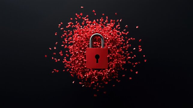 Risk of Dangerous Malware Attack Concept. Bright Red Padlock Surrounded by Shattered Red Fragments against Dark Background