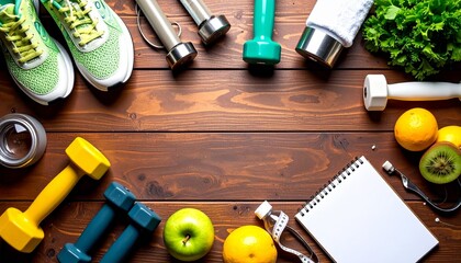 healthy lifestyle, fresh start, motivation and health concept on brown wooden background