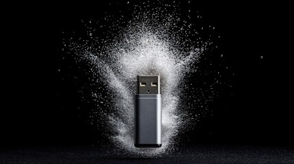Risk of Dangerous Malware Attack Concept. Dynamic USB Flash Drive Surrounded by Dramatic Powder Explosion on Black Background