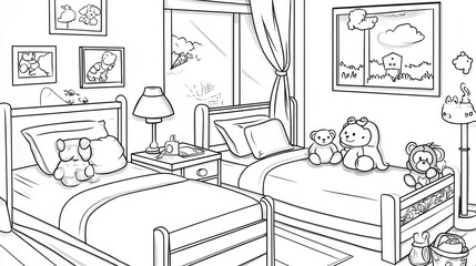 Black and white children's bedroom with twin beds and stuffed animals.  Two beds, bedside tables, lamp, framed pictures, and curtains.  Windows overlook a scene