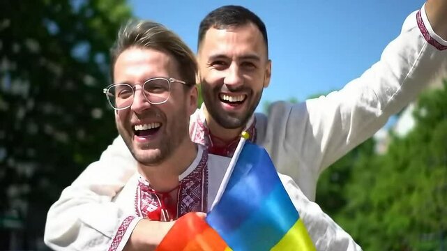 Joyful gay couple wearing Vyshyvankas at a Pride celebration in Kyiv, Ukraine. A man gives his partner a playful piggyback ride while holding Ukrainian national and LGBT+ flags