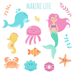 Set of sea animals.