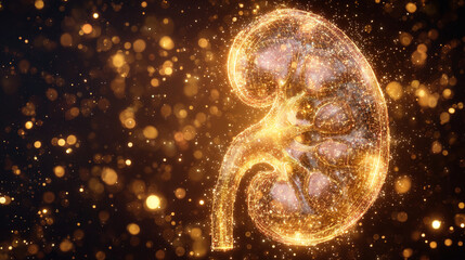 healthy human kidney with glowing golden light, symbolizing healing and recovery