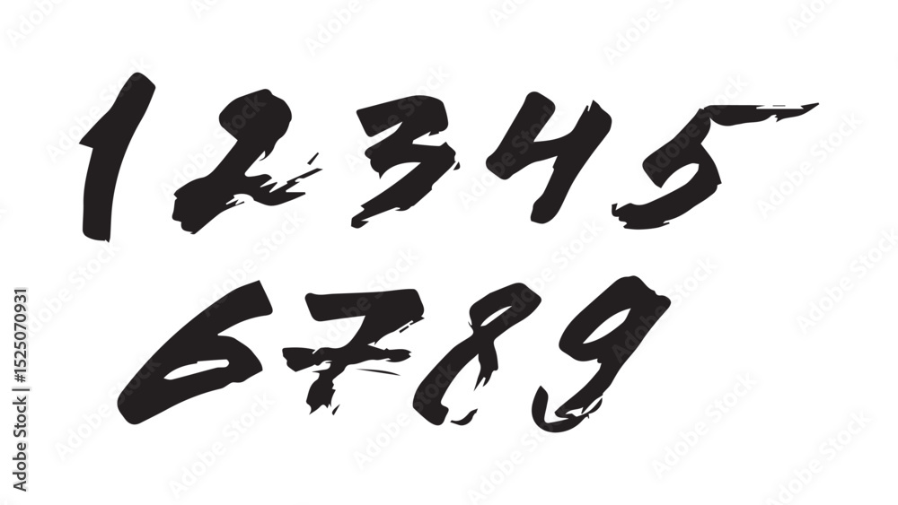 Fototapete set of black calligraphic acrylic or ink numbers, numbers from 0 to 10 are written with paint brush 