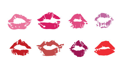 Set of red and pink lipstick prints, silhouettes of female lips of different shapes, lipstick trace collection in cartoon style, romantic print with lips, lips icons for Valentines Day or wedding