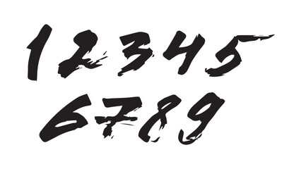 Set of black calligraphic acrylic or ink numbers, numbers from 0 to 10 are written with paint brush in grunge style, mathematical symbol, sloppy numbers for calculation