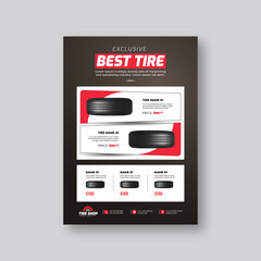 Naklejka premium Exclusive tire promotion flyer with price details and tire vector | Car tire shop catalog template for vehicle service advertising
