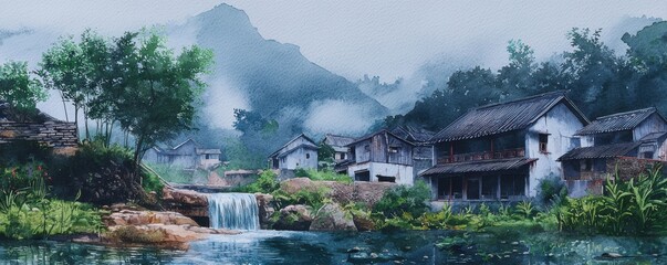 Fototapeta premium A serene village scene with traditional houses, a waterfall, lush greenery, and misty mountains in the background.