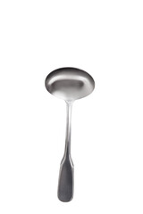 A stainless steel ladle with a deep, rounded bowl, a long handle, with transparent background. Perfect for serving soups, stews, sauces in kitchens or restaurants.