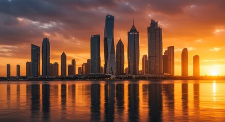 Fototapeta premium Dubai cityscape glows during sunset hour