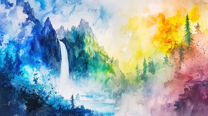 Vibrant watercolor painting of a mountain landscape with a waterfall, forest, and colorful sky blending blues, yellows, and reds.