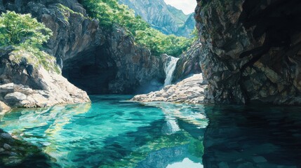 Crystal-clear turquoise water flows through a rocky canyon with a waterfall, surrounded by lush green trees and towering cliffs.