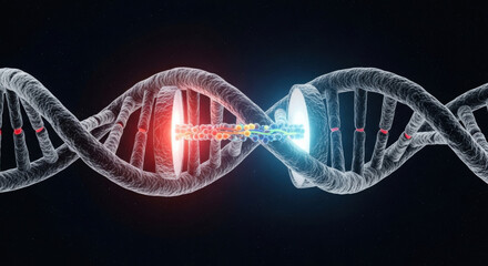 Abstract luminous DNA double helix. Genetic engineering, gene editing, gene therapy concept. Replacing DNA segment. CRISPR Cas9 technology. Biotechnology, medical innovation, science.