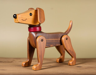 Classic wooden pull toy dog with movable wheels, nostalgic and charming children’s toy.