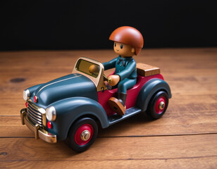 Vintage style wooden toy of a boy driving a classic car, perfect for collectors or playful children.