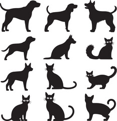 Dog and Cat Silhouettes. Black Vector Pet Icon Set

