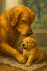 A tender moment between a Golden Retriever mother and her puppy.