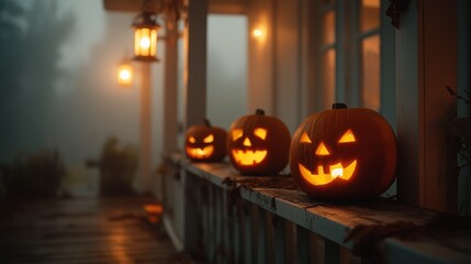 Halloween pumpkins glowing on rustic wooden porch in misty evening light. Cozy and mysterious seasonal mood with soft shadows and warm orange glow