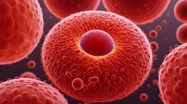 A close up of red blood cells with a red blob in the middle.