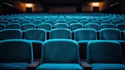 Fototapeta premium Empty Movie Theater Seats with Vibrant Blue Cushions in Focus