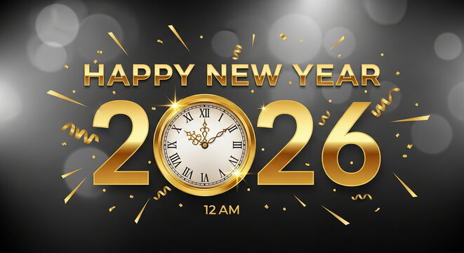 happy new year 2026 colck golden shiny text new year holiday