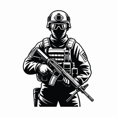 Armed Soldier in Tactical Gear and Helmet