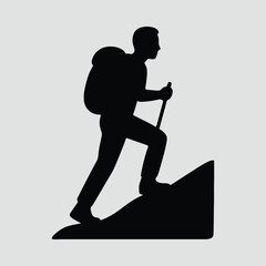Silhouette hiker climbing a mountain with stick Illustration Vector